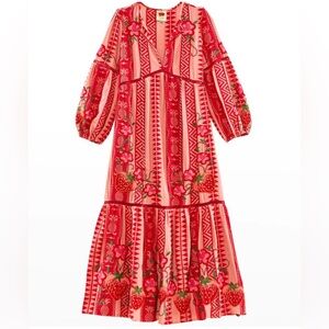 Farm Rio Embroidered Strawberry Pineapple Jacquard Dress Medium